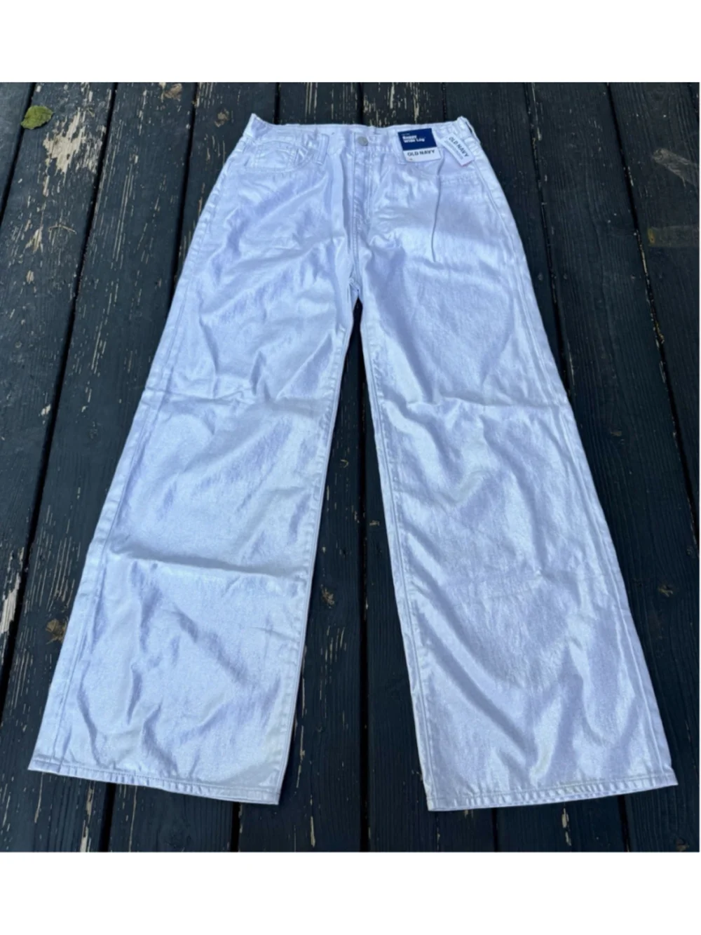 NWT Old Navy Girls Size 18 Silver Metallic Baggy Wide Leg Jeans Adjustable Waist